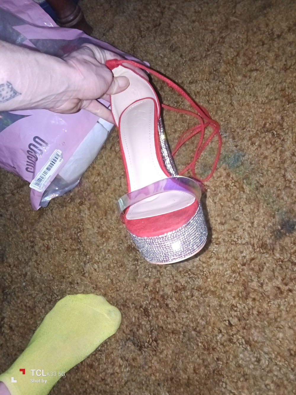 Red Rhinestone Platform Lace-Up Heels - Picture 5 of 5
